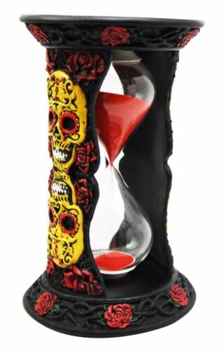 Ebros Tribal Tattoo Yellow Sugar Skulls With Red Roses Black Sand Timer 6"H