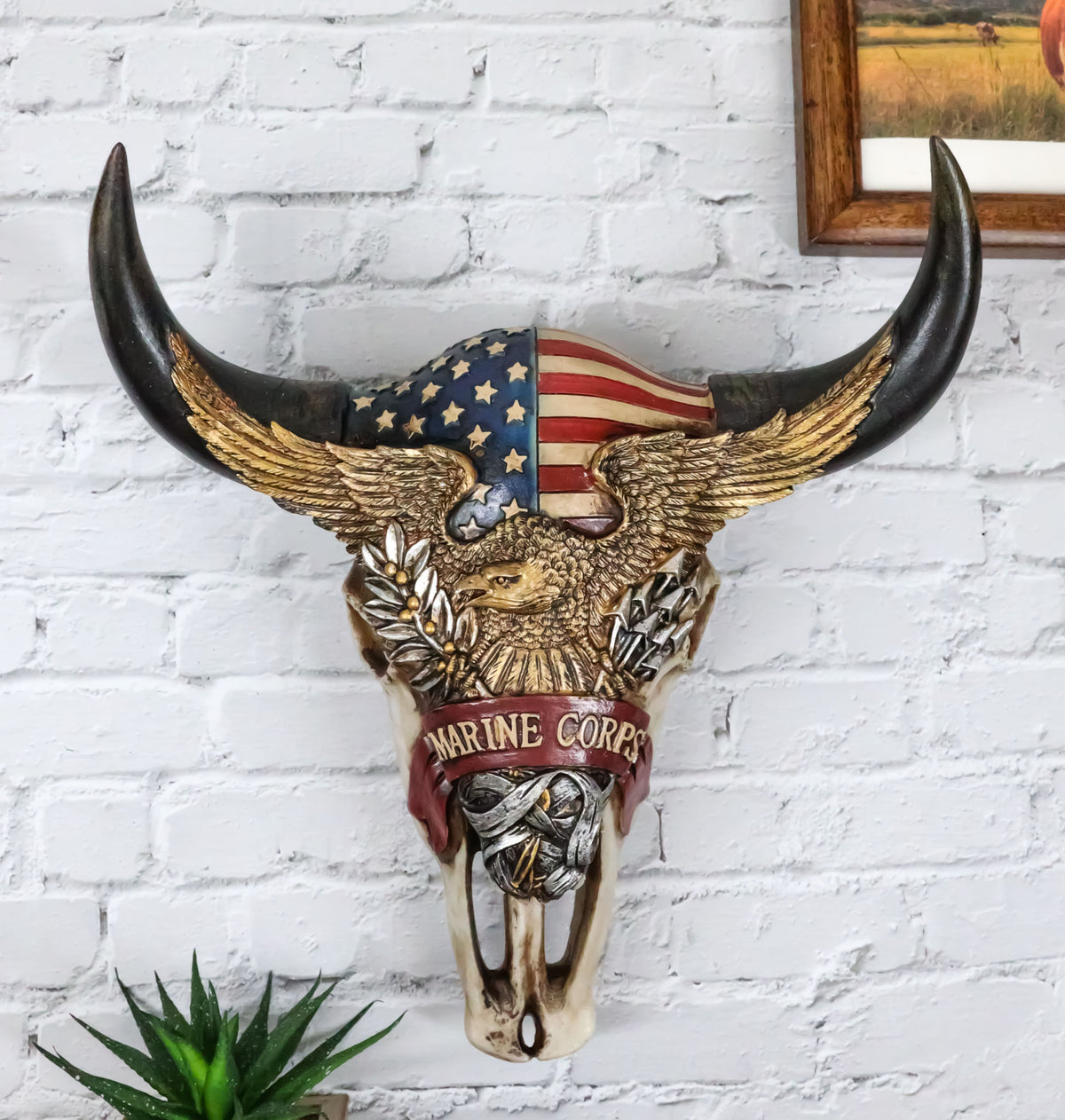 Western Patriotic Bull Cow Skull W/ American Flag Bald Eagle Marine Wall Decor - Ebros Gift