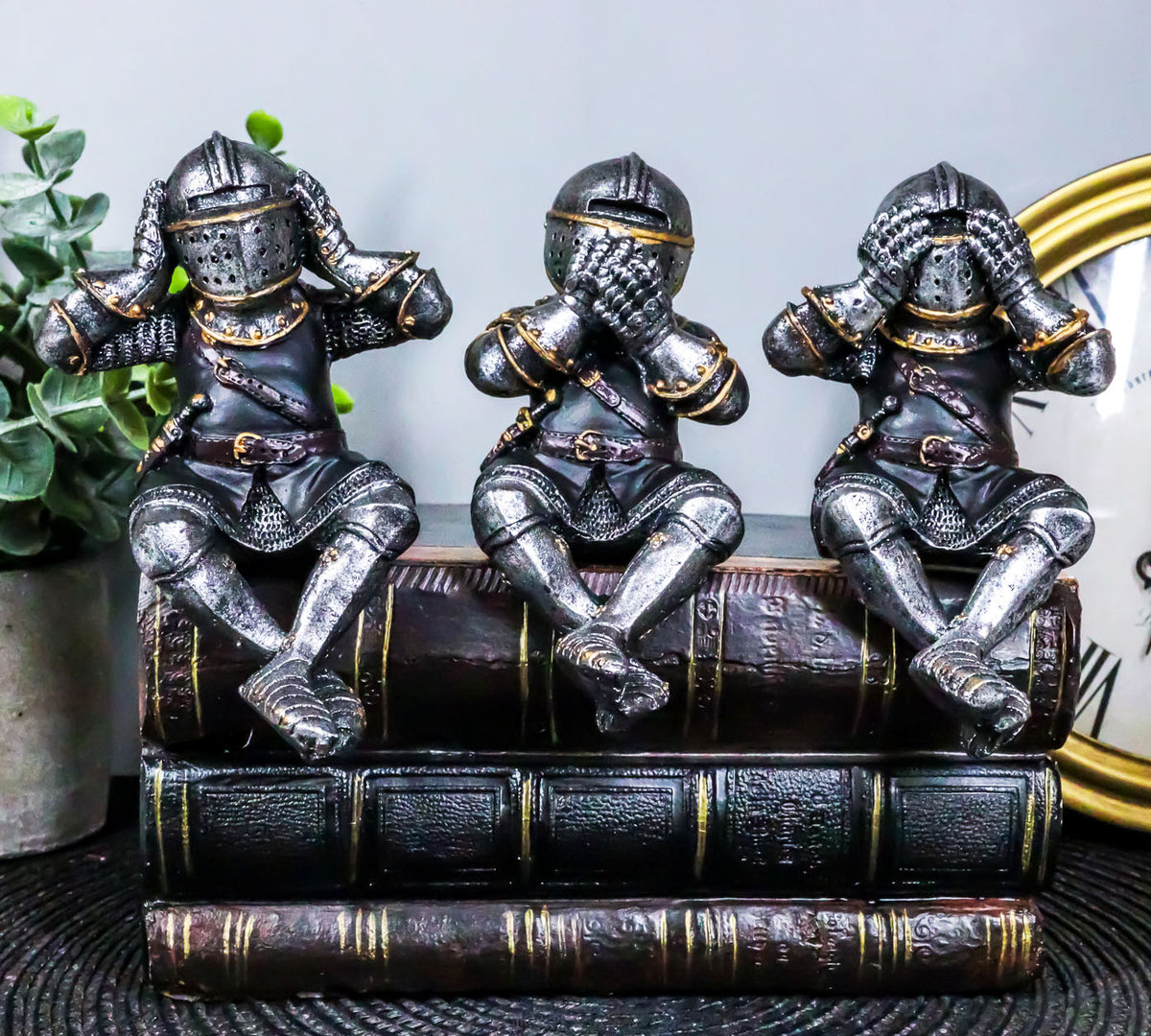 Ebros Gift Set of 3 Renaissance Medieval See Hear Speak No Evil Royal Knights with Black Tunic Ledge Or Shelf Sitters Figurine 4" Tall Suit of Armor Miniature Knights Decor - Ebros Gift