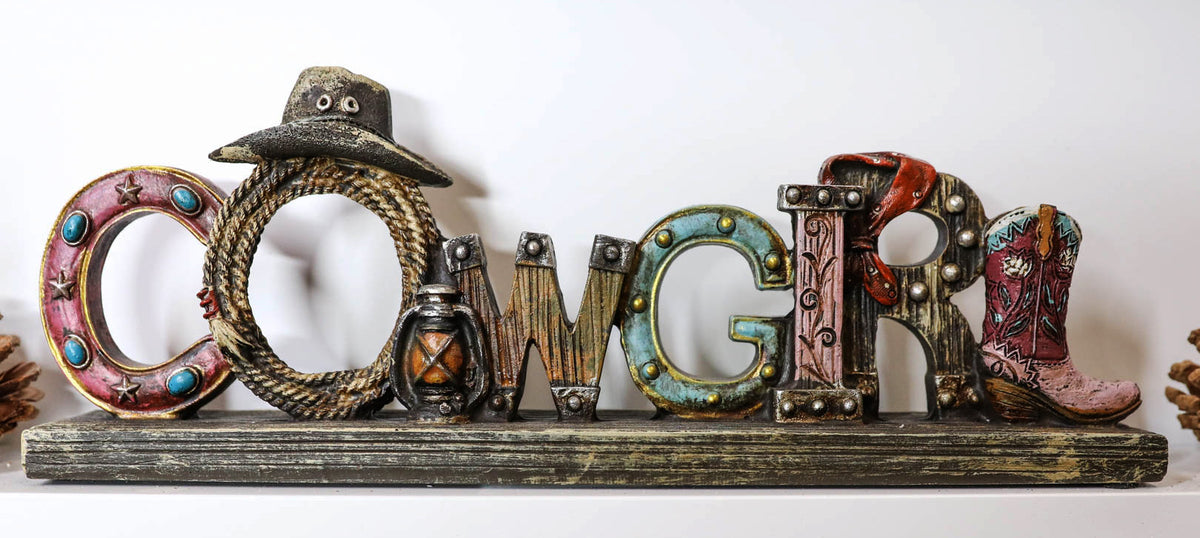 Rustic Western Cowgirl Sign Ropes Hat Horseshoe Faux Barnwood Desktop Plaque