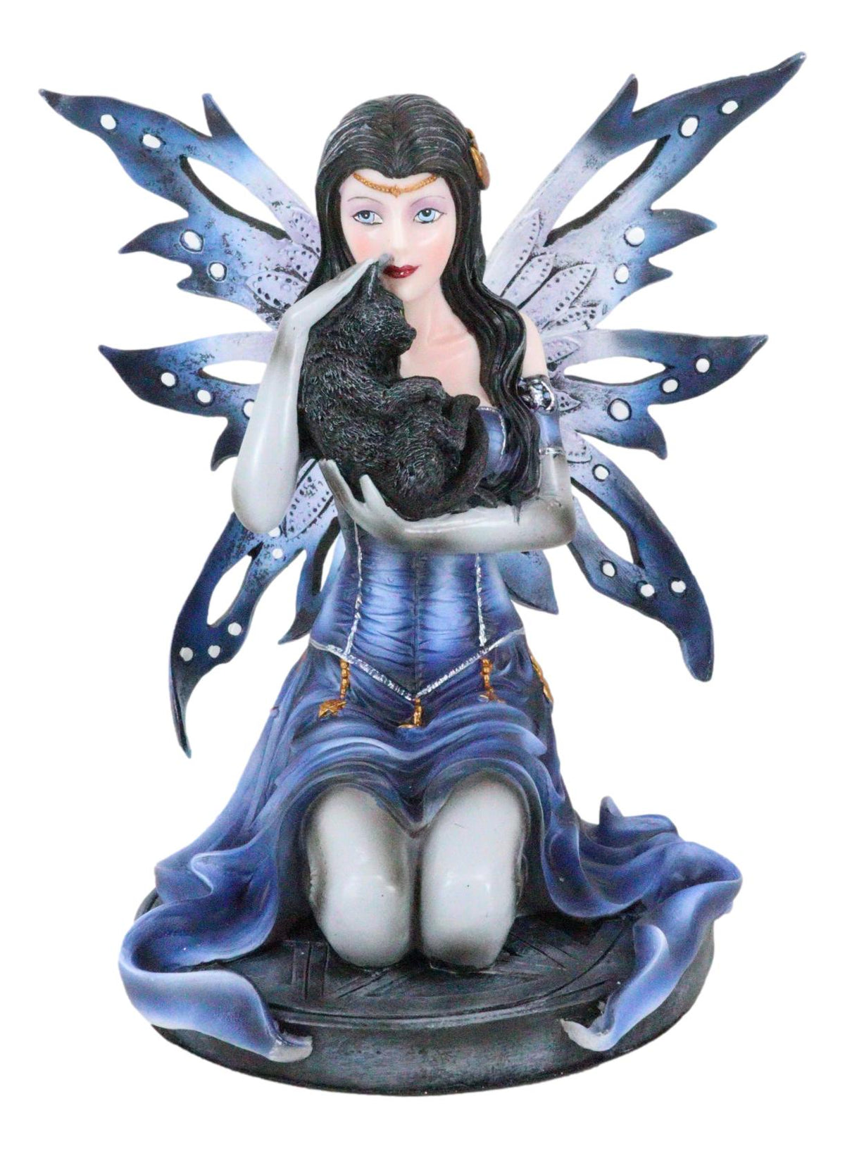 Ebros Blue Celestial Witch Fairy Cradling A Mystical Black Cat Statue 8.25" Tall