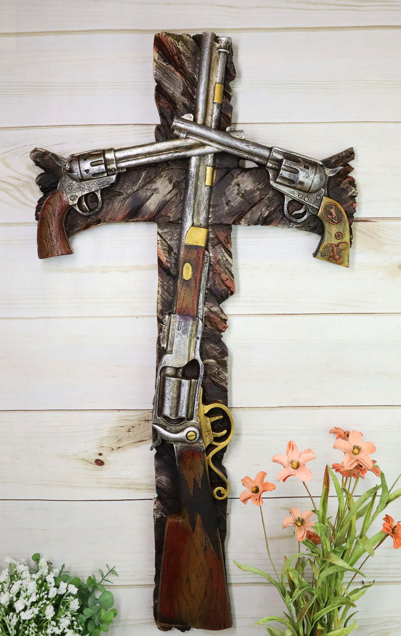 25" Large Rustic Western Cowboy Six Shooter Pistols And Shotgun Wall Cross Decor