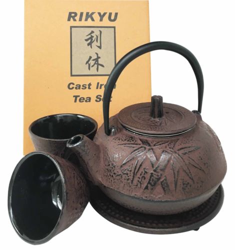 Japanese Bamboo Forest Maroon Red Traditional Heavy Cast Iron Tea Pot and Cups
