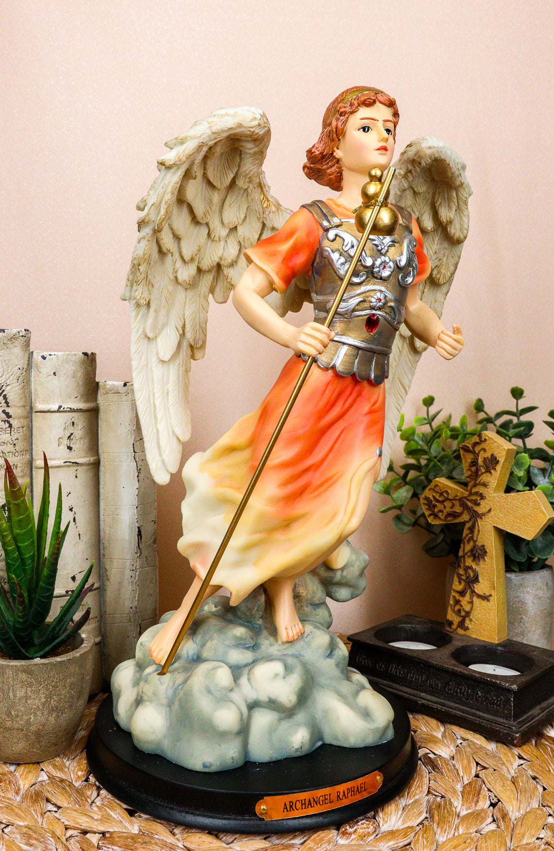 Ebros Byzantine Archangel Saint Raphael with Brass Name Plate Wooden Base 12"H