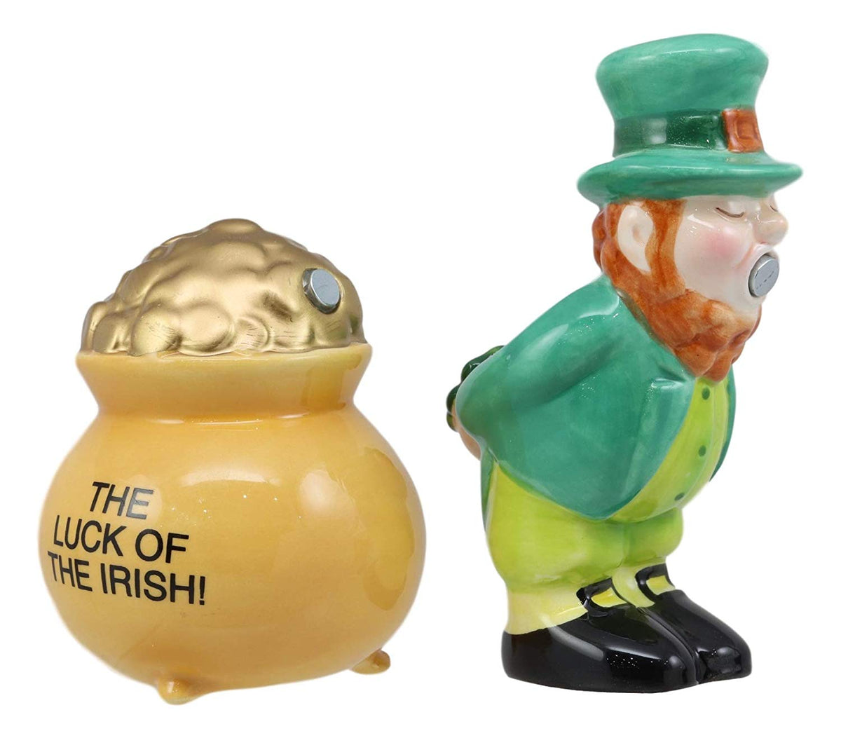 Luck Of The Irish Leprechaun Kissing Pot Of Gold Ceramic Salt Pepper Shakers Set - Ebros Gift