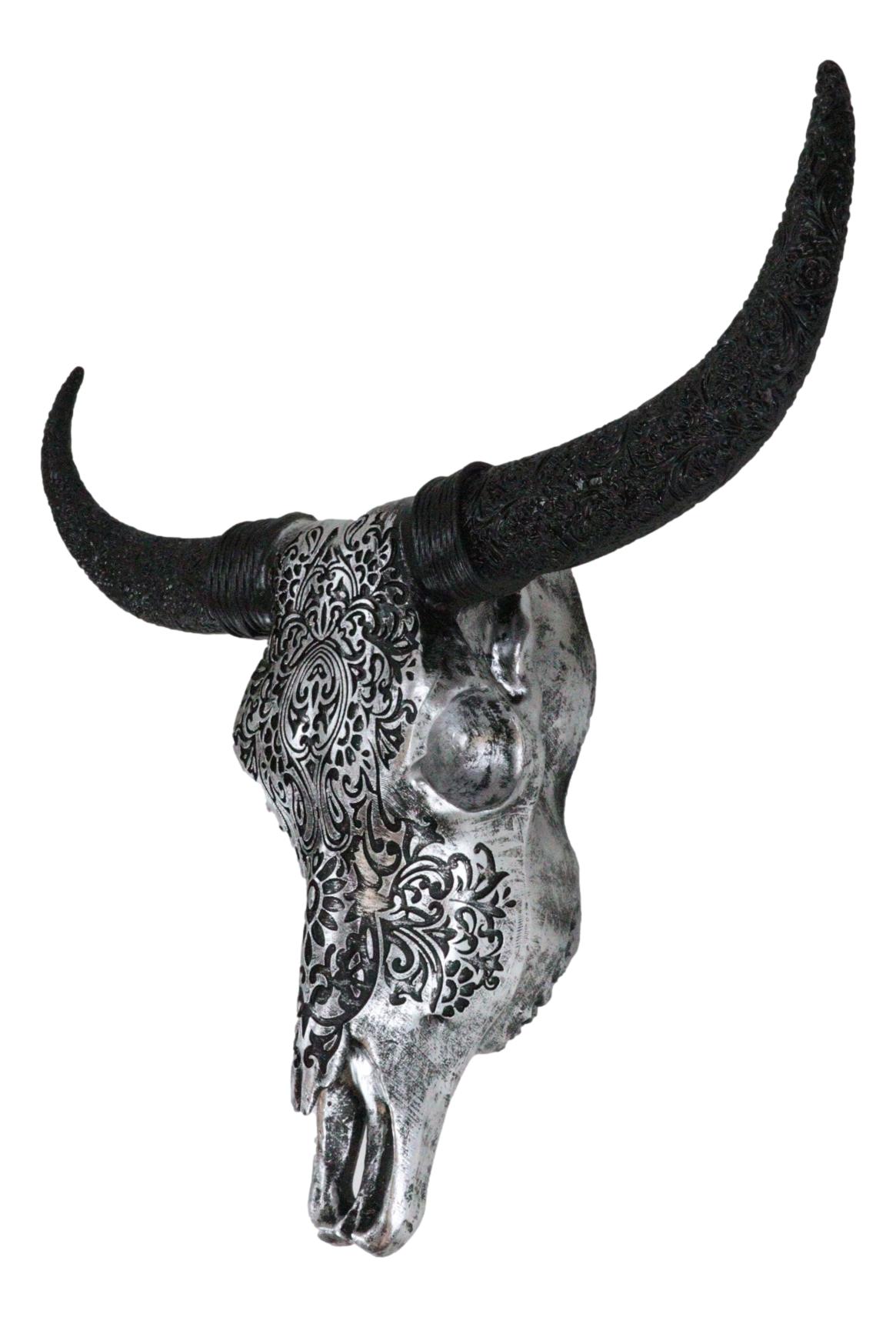 Western Floral Tribal Tattoo Tooled Bison Bull Cow Skull Wall Decor Plaque