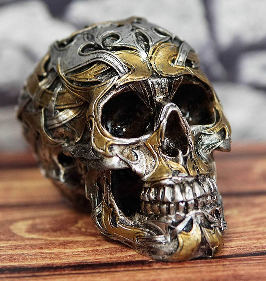 Ebros Goth Cryptic Maori Silver and Gold Tattoo Skull Statue 5.5" Long Figurine