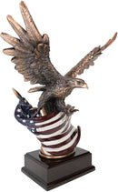 Flying Bald Eagle With American Flag Bronze Electroplated Figurine With Base