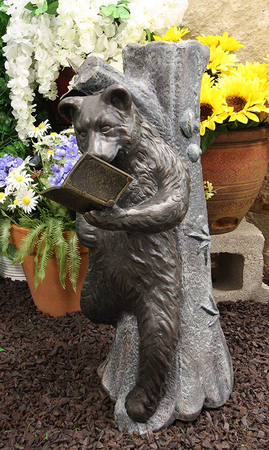 Ebros 24" Long Aluminum Whimsical Butterfly and Lazy Grizzly Bear Resting On Forest Tree Trunk Couch Reading A Book Garden Statue Rustic Wildlife Western Cabin Bears Decor Figurine - Ebros Gift