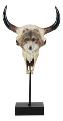 Large Alpha Wolf Spirit Totem On Buffalo Bull Skull Stake Statue 17.5"Tall