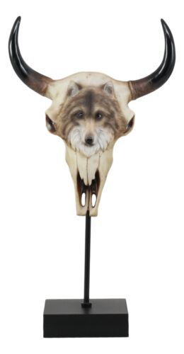 Large Alpha Wolf Spirit Totem On Buffalo Bull Skull Stake Statue 17.5"Tall