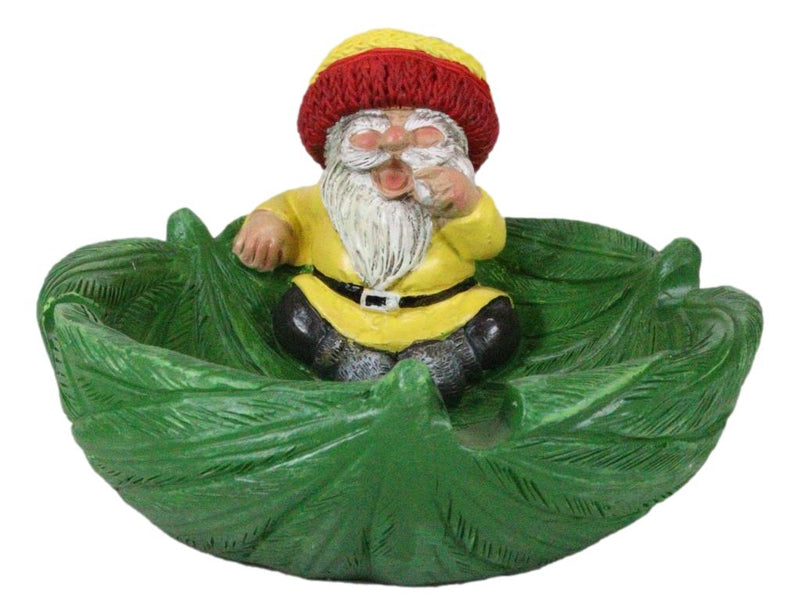 Gypsy Rasta Gnome Smoking Rolled Stash Sitting On Green Leaf Cigarette Ashtray