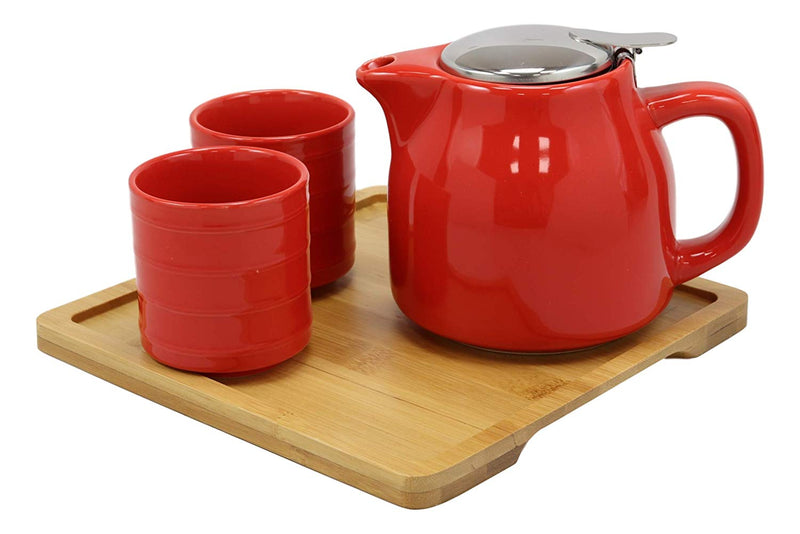 Ebros Bright Red Contemporary Ceramic 20oz Tea Pot With 2 Cups And Bamboo Tray Set