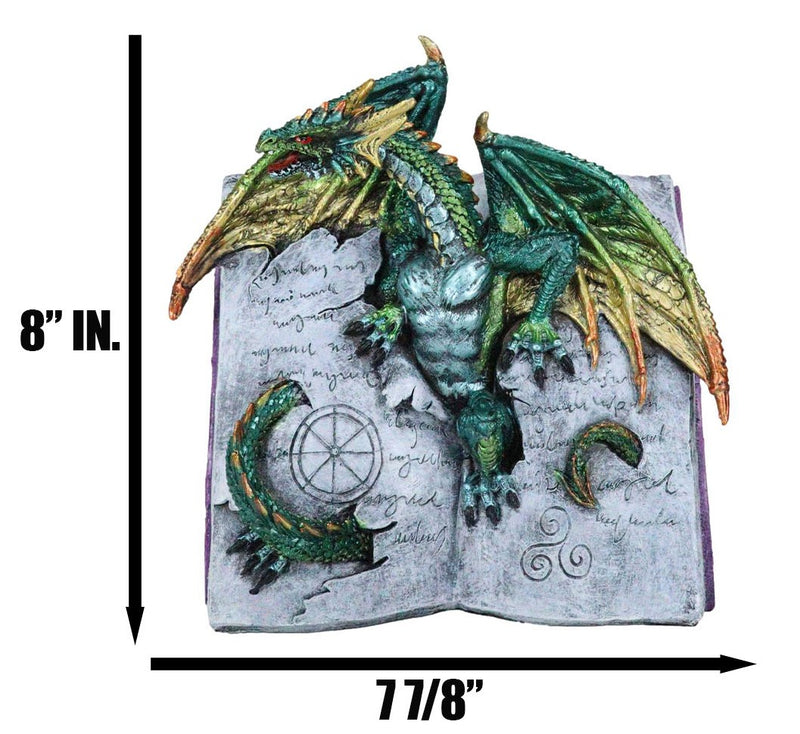 Guardian Of Bibliography Gold Green Dragon Emerging Out Of Spell Book Figurine