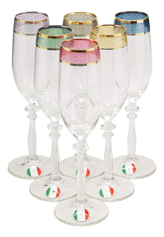 Ebros Set of 6 Colorful Victorian Floral Italian Import Champagne Or Sparkling Wine Flute Glasses With Gold Plated Border Accent & Stylized Stem Base 6oz Bartending Glassware