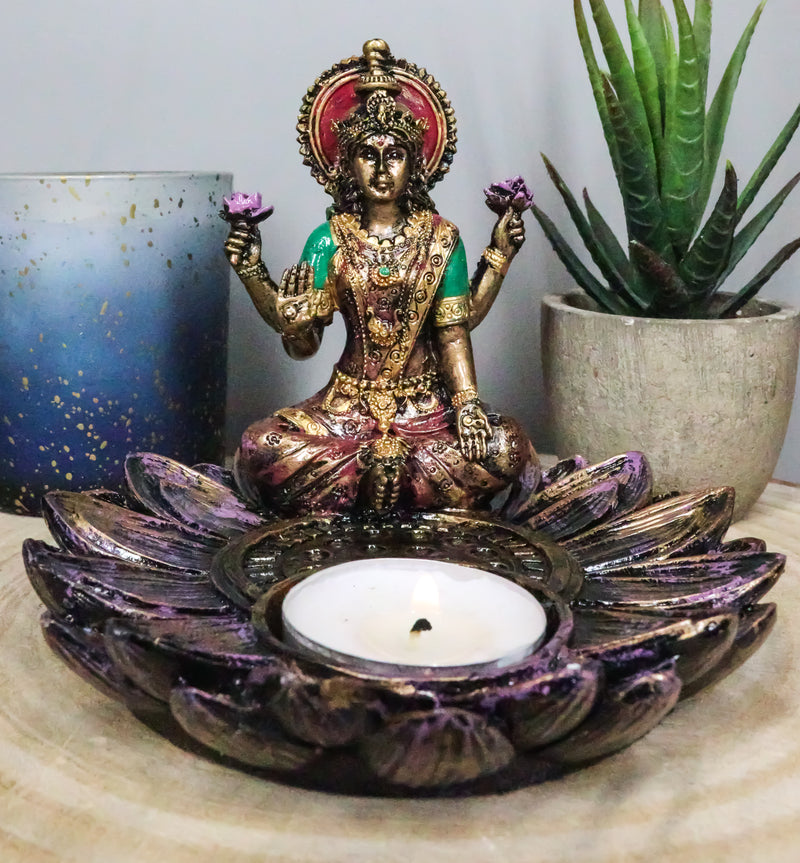 Hindu Goddess Sri Lakshmi On Lotus Padma Flower Votive Candle Holder Figurine