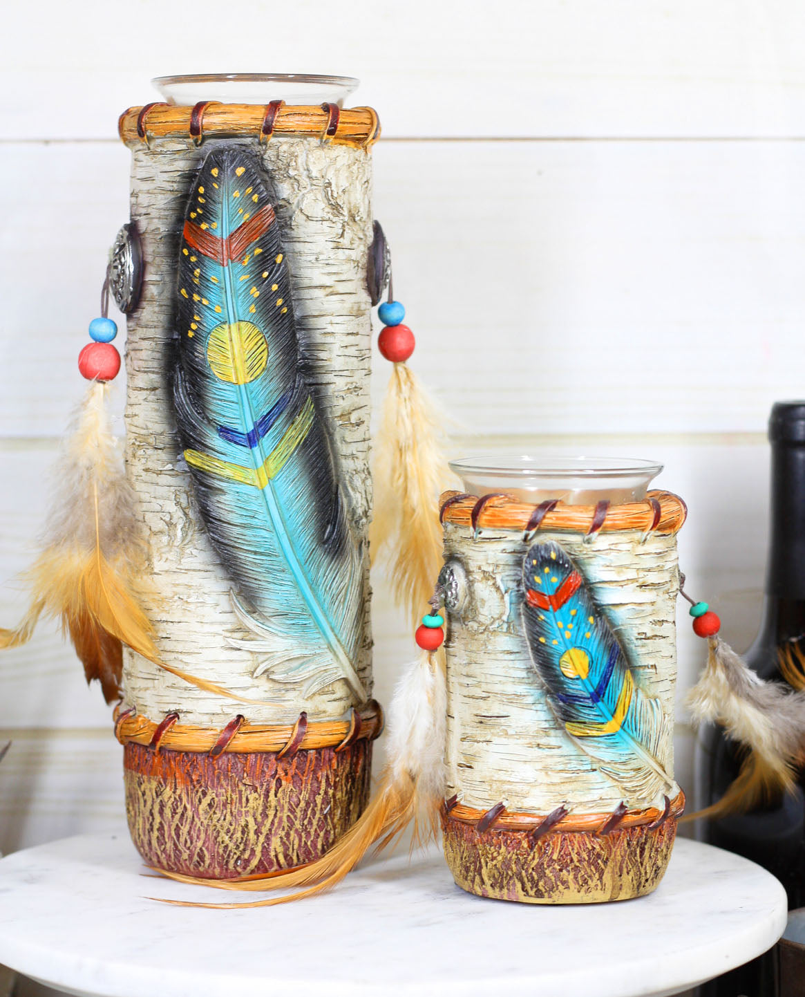 Southwestern Dreamcatcher Turquoise Feather Tea Light Votive Candle Holders Set