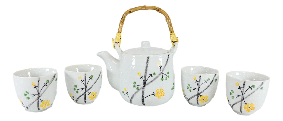 Ebros Japanese Yellow Cherry Blossom Sakura Blossoms Ceramic Tea Pot & 4 Cups - Ebros Gift