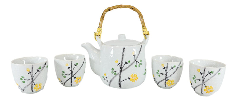 Ebros Japanese Yellow Cherry Blossom Sakura Blossoms Ceramic Tea Pot & 4 Cups