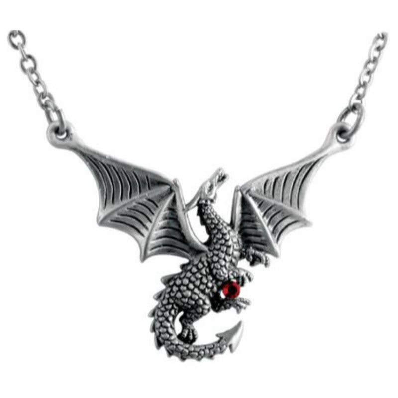 Ebros Red Gemstone Winged Caduceus Moon Dragon Jewelry Pewter Pendant Necklace