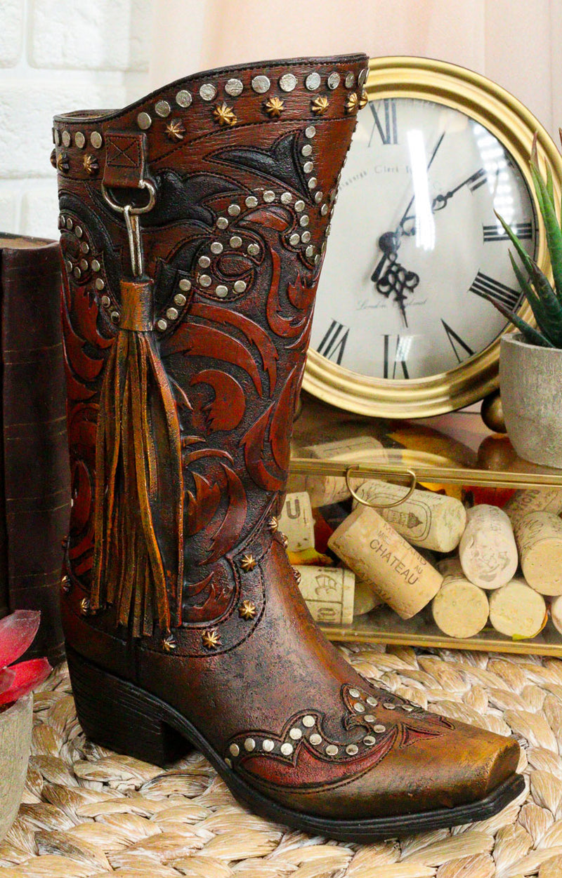 Rustic Western Tooled Leather Lace Studded Boot Floral Vase With Tassel Frill