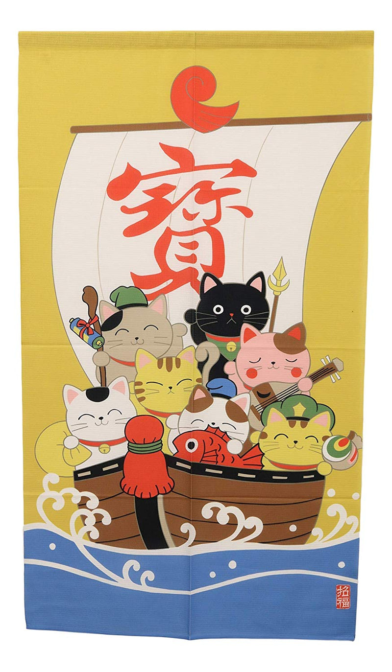 Ebros Gift Japanese Style Uncut Noren Doorway Curtain Tapestry Standard 59.25" Long 33.5" Wide for Restaurant Or Home Room Divider Decor Curtains (7 Good Fortune Maneki Neko Cats)