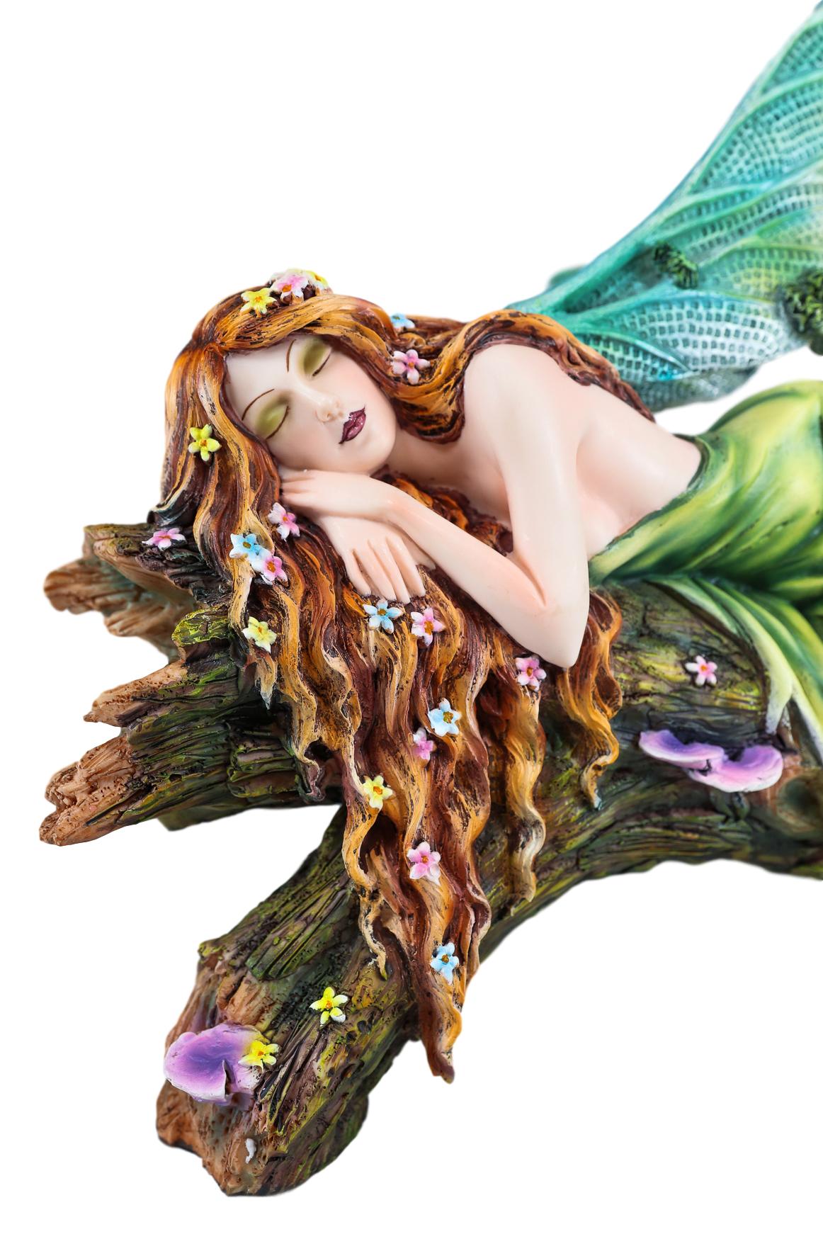 Ebros Beautiful Green Forest Fairy With Red Hair Sleeping On Tree Log Statue - Ebros Gift