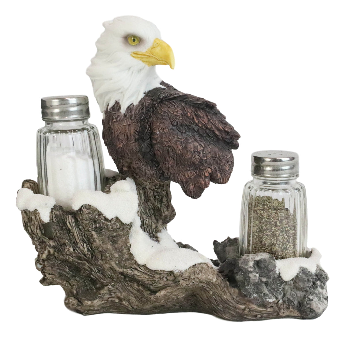 American Bald Eagle By Tree Branch Glass Salt & Pepper Shakers Holder Figurine - Ebros Gift