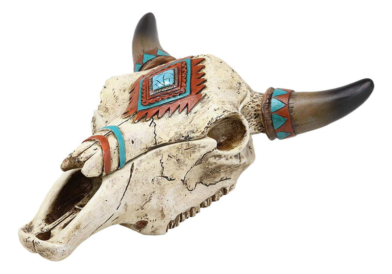 Ebros Southwest Western Steer Bull Cow Skull with Turquoise Diamond Design Jewelry Box Figurine Accent 10.5" Long DOD Day of The Dead Macabre Skulls Trinkets Keys Knick Knacks Coins Storage Container