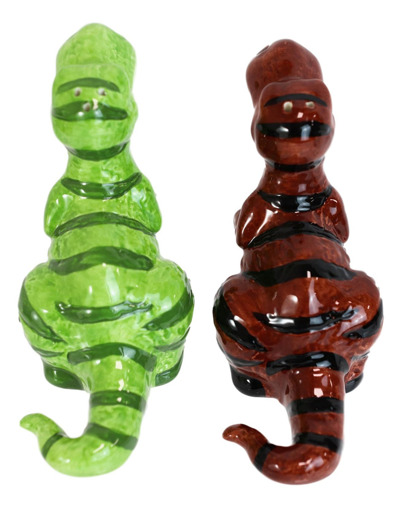 Ceramic Green And Brown T Rex Jurassic Dinosaurs Salt And Pepper Shakers Set