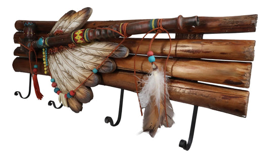 Rustic Western Indian Chief Headdress Calumet Pipe Feathers 4-Peg Wall Hooks - Ebros Gift