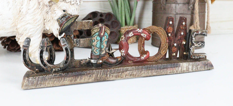 Rustic Western Cowboy Boot Hat Ropes Horseshoes Welcome Sign Desktop Plaque