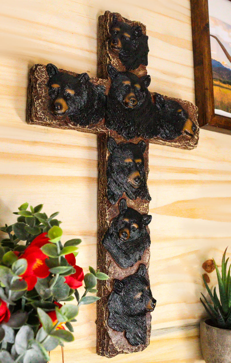 Rustic Western Forest Black Bears Faux Wooden Tree Wall Cross Decor 14" H