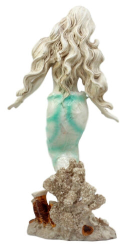 Ebros Capiz Turquoise Standing Mermaid Figurine 11.5"H Ocean Aquamarine Coral Goddess