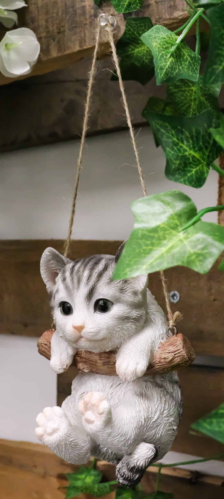 Ebros Gray Striped Tabby Kitten Macrame Branch Hanger 5.5"H with Jute Strings