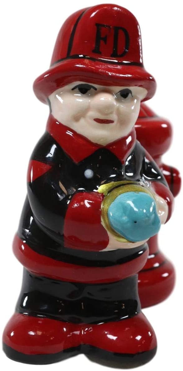 Ebros Fireman with Hose & Hydrant 4 Inch Ceramic Magnetic Salt and Pepper Shaker - Ebros Gift