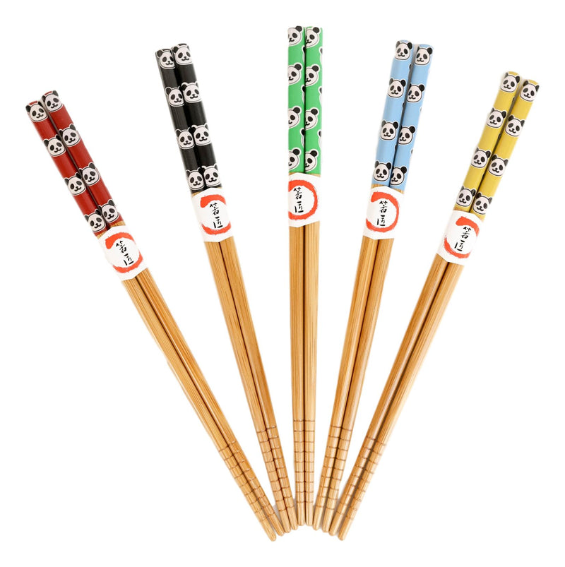 Reusable Bamboo Colorful Giant Panda Bears Set of 5 Ridged Ends Chopsticks Pairs