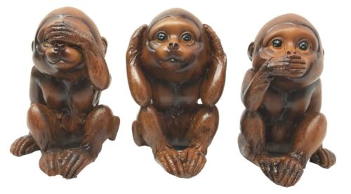 Ebros Faux Wood See Hear Speak No Evil Monkeys Three Wise Ape Of Jungle Figurine Set - Ebros Gift