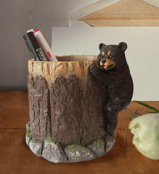 Rustic Western Forest Naughty Black Bear Cub Climbing Tree Stationery Pen Holder