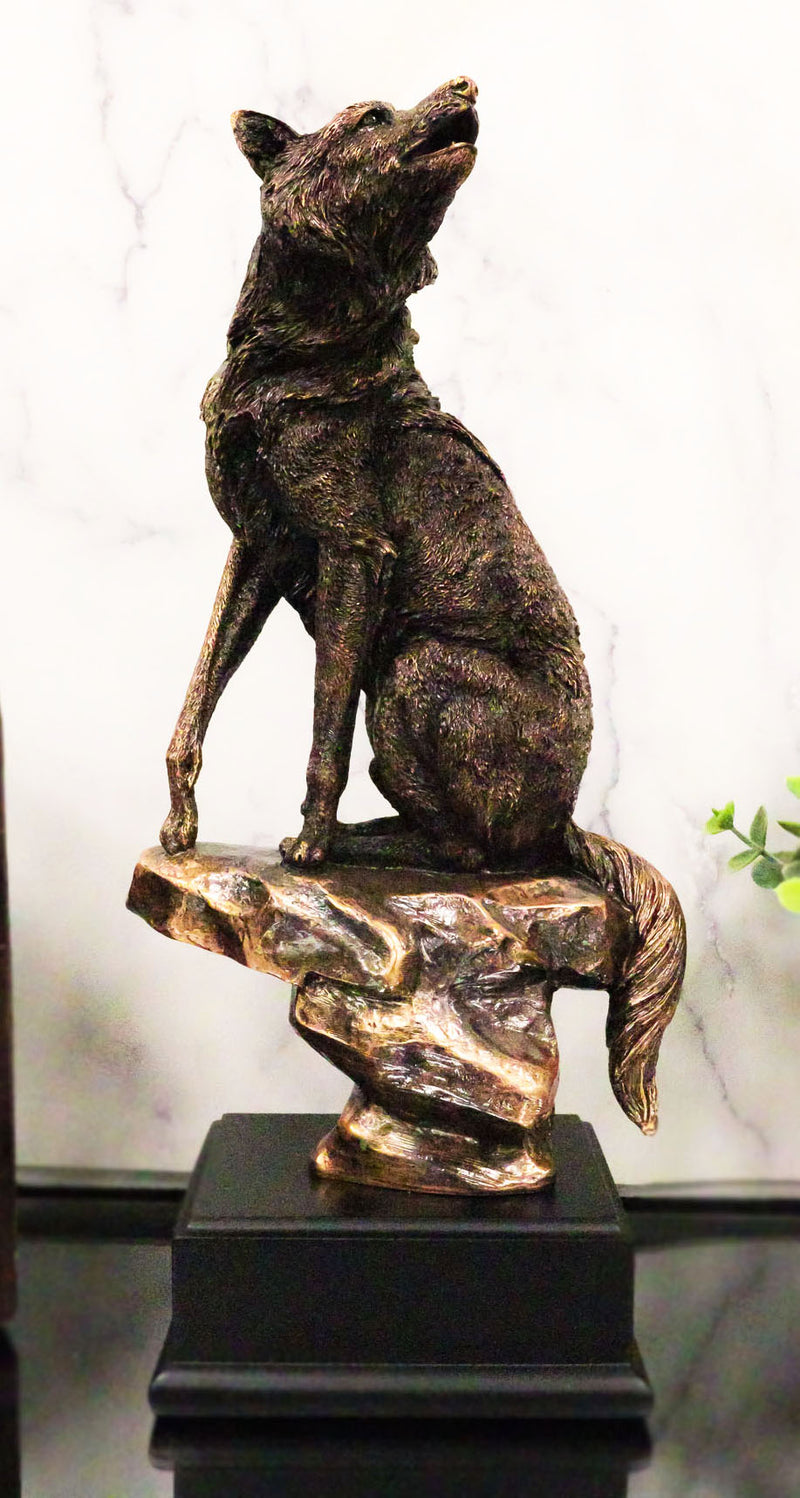 Rustic Moon Howling Alpha Wolf Sitting On Rocky Cliff Figurine With Trophy Base