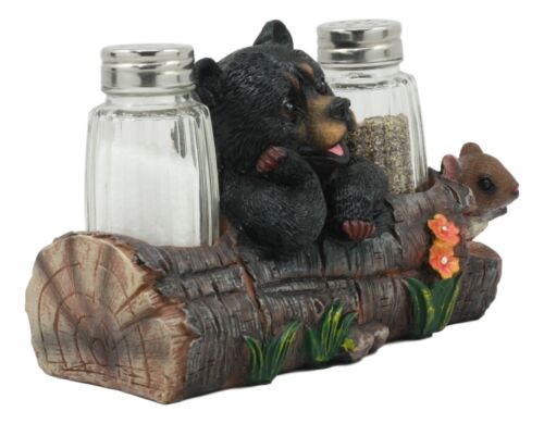 Baby Bear Cub Sitting In Log With Squirrel Salt And Pepper Shakers Holder Statue