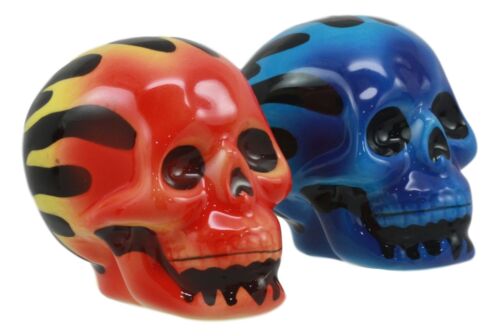 Hot Rod Flaming Inferno Skulls Ceramic Salt Pepper Shakers Fire El Diablo - Ebros Gift
