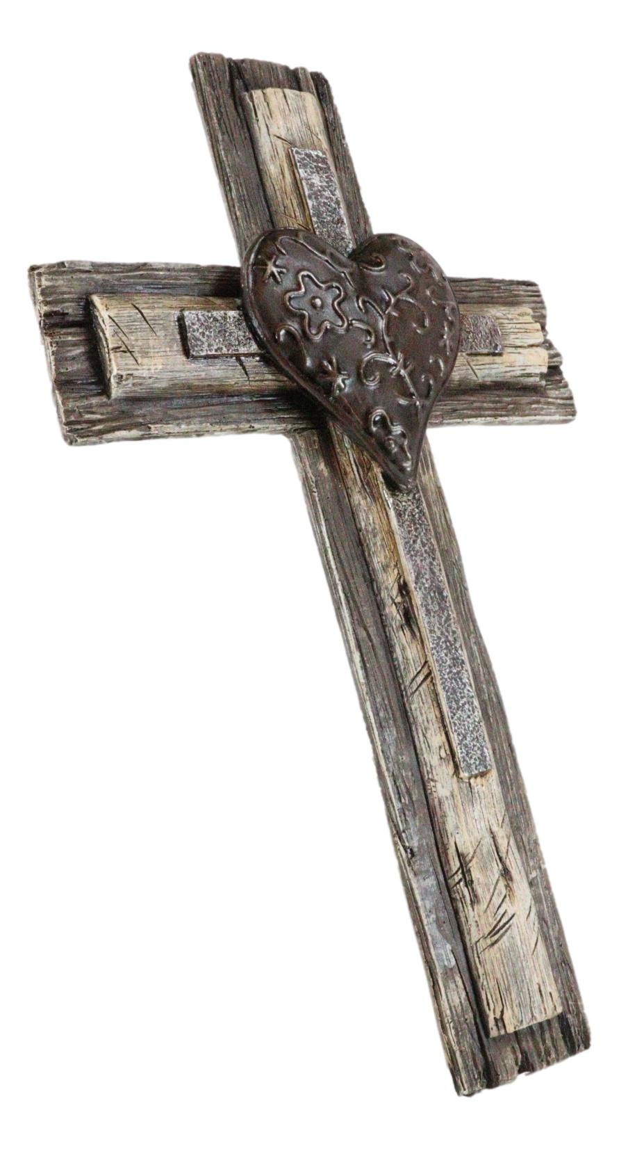 Rustic Western Tooled Metal Heart Faux Wooden Layered Wall Cross Decor Plaque