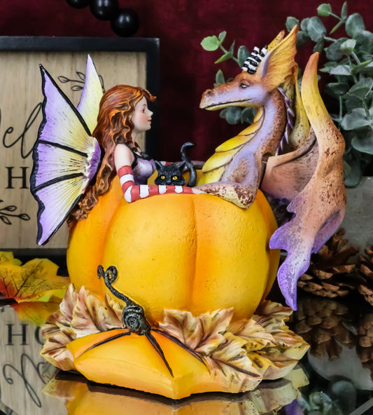 Amy Brown Halloween Fairy Black Cats And Dragon In Pumpkin Fall Leaves Figurine