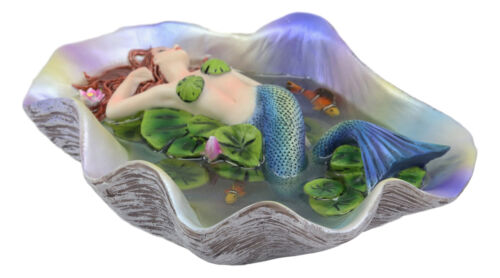 Ebros Sheila Wolk Elan Vital Sculpture Red Haired Mermaid Sleeping On Water Lilies With Koi Fishes In A Giant Clam Shell Pond Figurine Fantasy Mermaids Pirates Sirens Decor Statue 6.75"Long