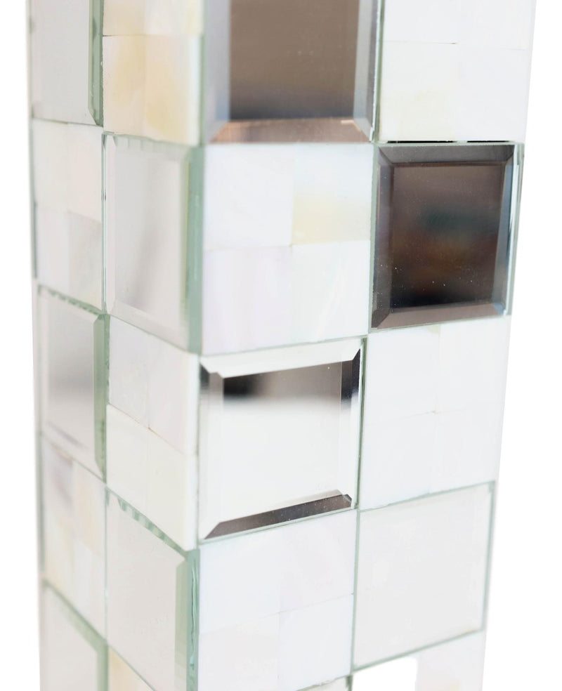 Modern Beveled Mirrors Capiz Shells Checkered Pillar Candle Holder Decor 15"