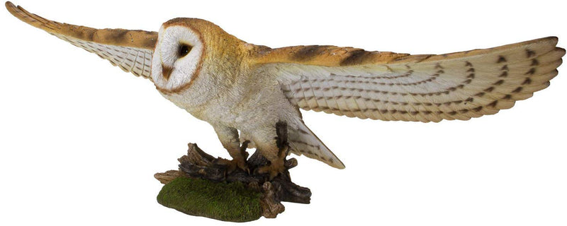 Large Realistic Common Barn Owl Swooping Over Tree Stump Glass Eyes Statue 30"L