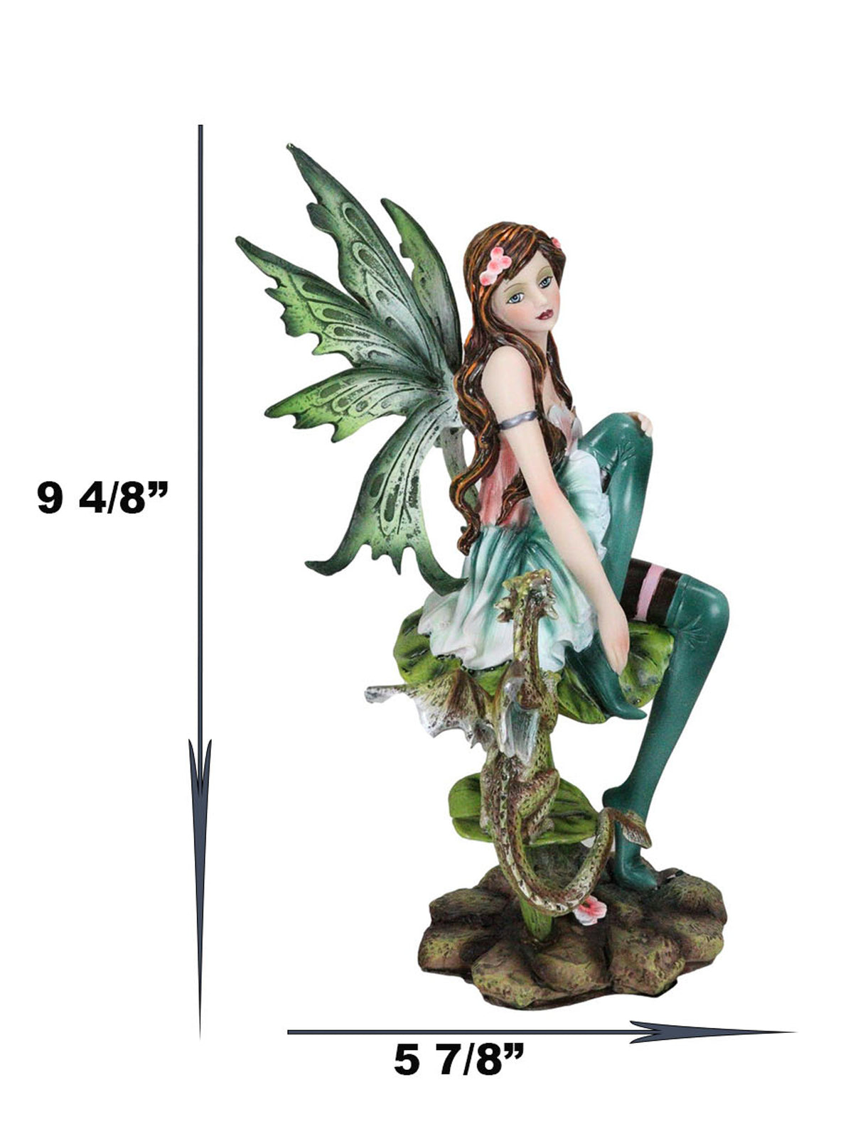 Ebros Beautiful Gaia Pixie Fairy With Green Wyrmling Dragon Statue 9.5"Tall Mythical Fantasy Fae Lady Of Summer Forest Magic Figurine Collectible Medieval Fairies Decor