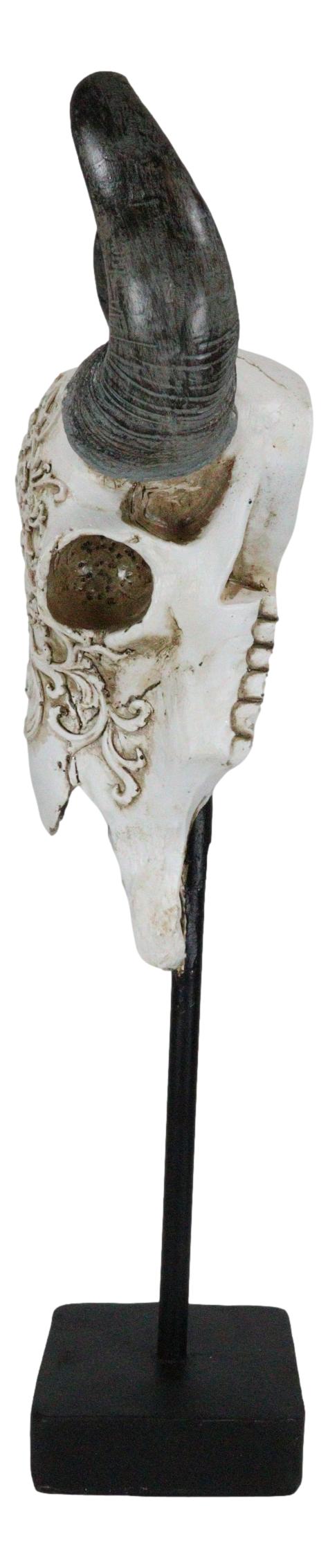 Rustic Tooled Floral Lace Bull Cow Steer Head Skull Sculpture On Pole Display
