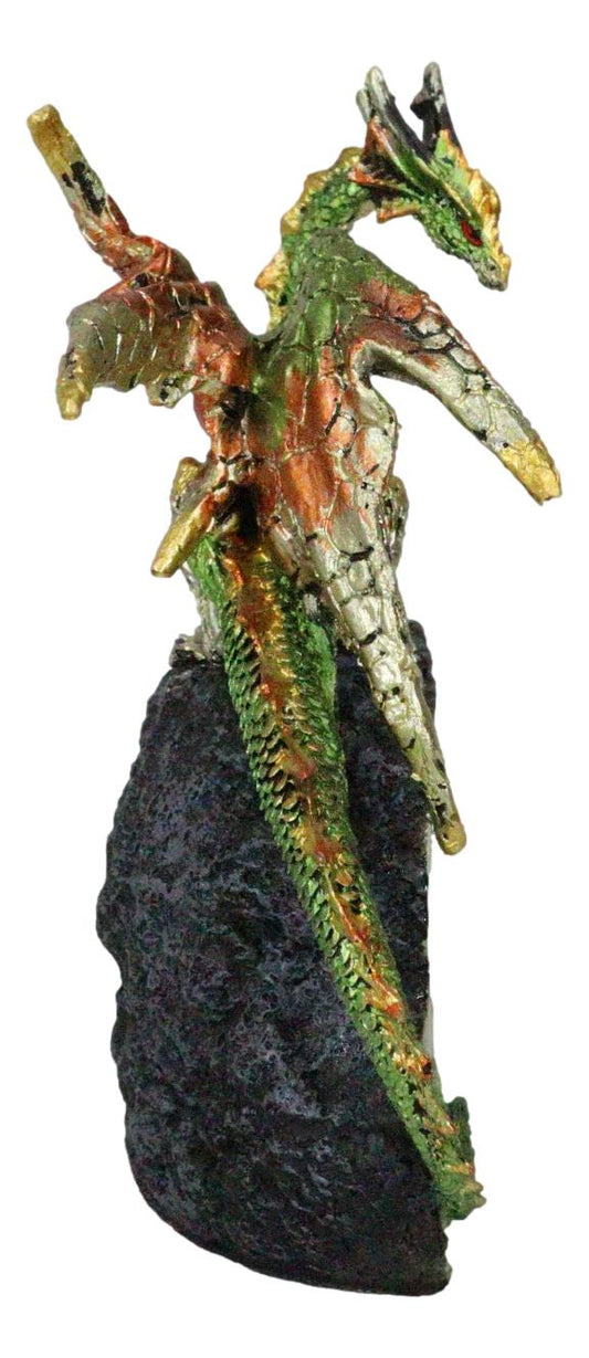 Terra Green Iridescent Dragon On Faux Geode Rock Quartz Crystal Cove Figurine